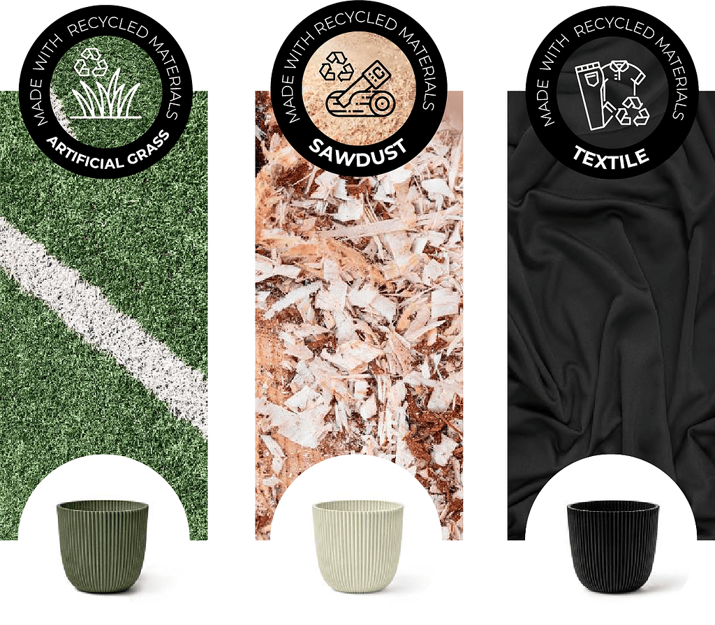 capi made with verschillende gerecyclede materialen waar bloempotten van worden gemaakt. 